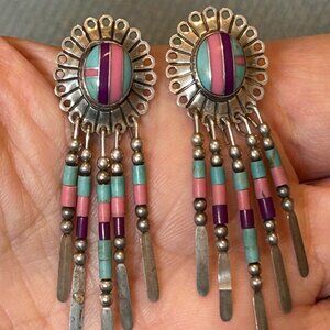 Vintage Native Southwestern Sterling Silver Turquoise Fringe Earrings